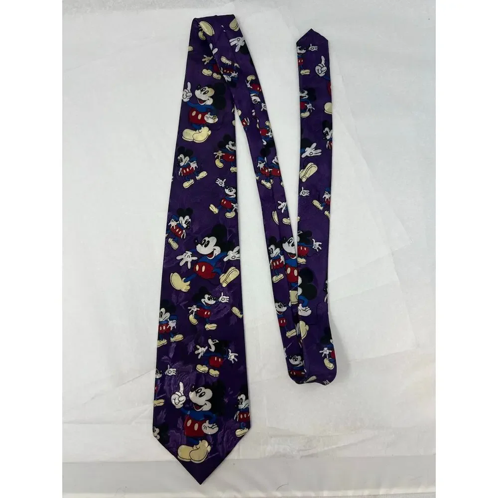 Vintage Disney Mickey Mouse Silk Tie Purple‎ All Over Print Made Korea